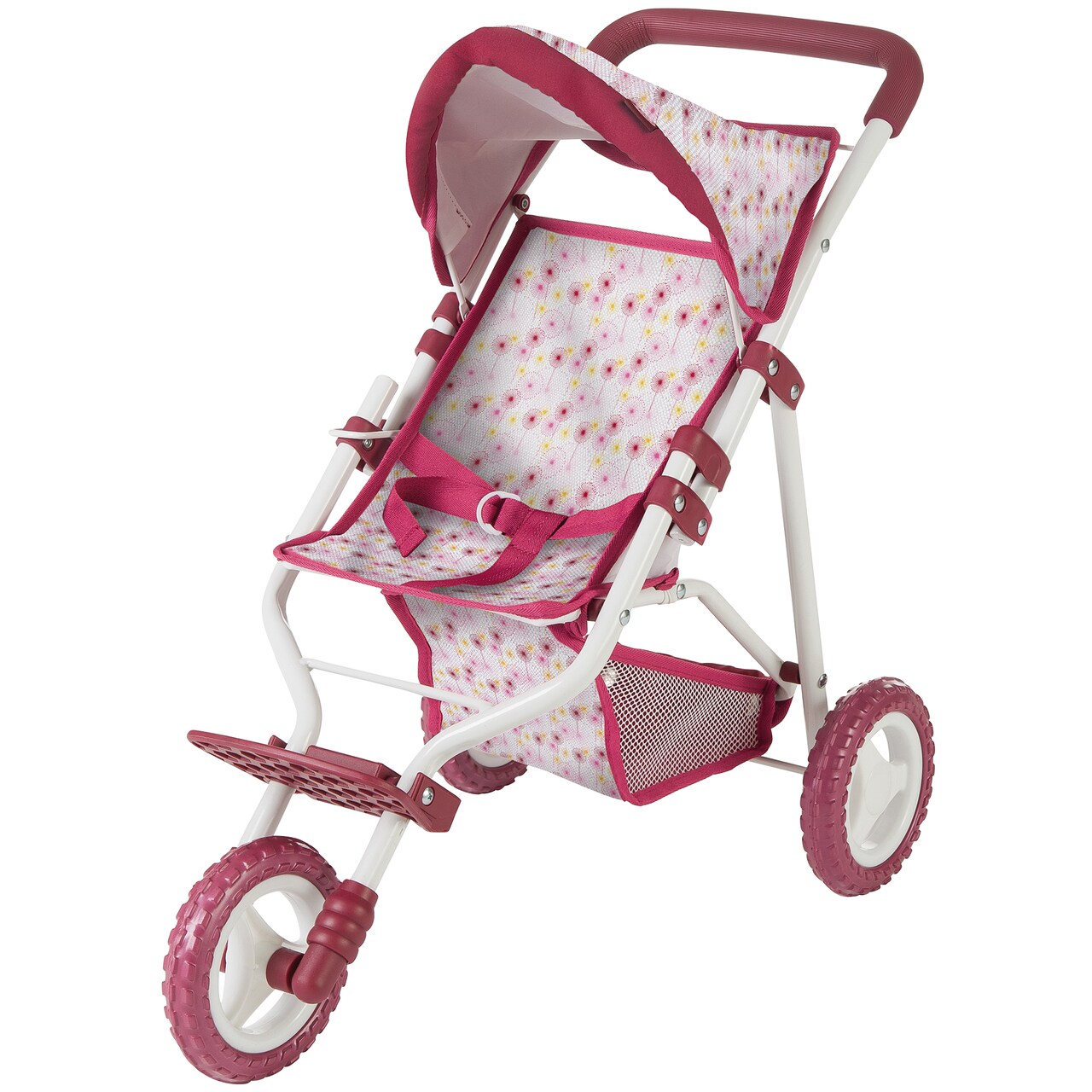 Gotz: 3‑Wheel Doll Buggy - Happy Flower - Pink & White, Foldable Toy Stroller, Push Jogger, Adjustable Sunshade, Storage, Dolls Up to 19.5", Kids 3+